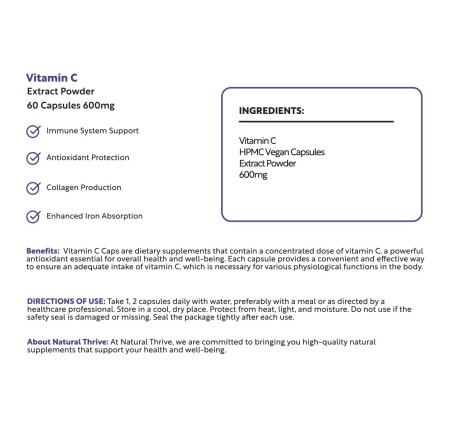 Natural Pure & Premium Vitamin C (Ascorbic Acid) Extract Powder Capsules 600mg | £12.99 | Natural Powder Supplements Natural Thrive Natural Thrive
