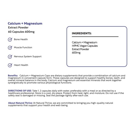 Natural Pure & Premium Calcium + Magnesium Extract Powder Capsules 600mg | £8.99 | Natural Powder Supplements Natural Thrive Natural Thrive
