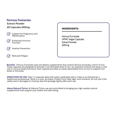 Natural Pure & Premium Ferrous Fumarate Extract Powder Capsules 600mg | £9.99 | Natural Powder Supplements Natural Thrive Natural Thrive