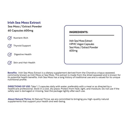 Natural Pure & Premium Irish Sea Moss (Chondrus Crispus) Extract Capsules 600mg | £9.99 | Natural Powder Supplements Natural Thrive Natural Thrive