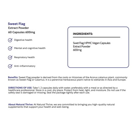 Natural Pure & Premium Sweet Flag (Acorus Calamus) Extract Powder Capsules 600mg | £11.99 | Natural Powder Supplements Natural Thrive Natural Thrive
