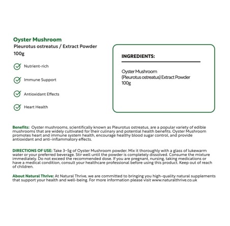 Organic Oyster Mushroom (Pleurotus Ostreatus) Extract Powder 100g | £12.99 | Mushroom Supplements Natural Thrive Natural Thrive