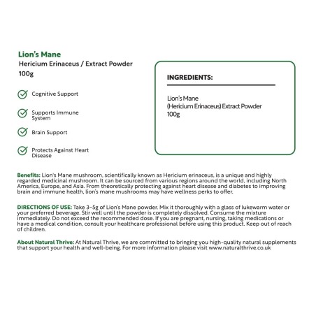 Organic Lions Mane (Hericium Erinaceus) Extract Powder 100g | £13.99 | Mushroom Supplements Natural Thrive Natural Thrive