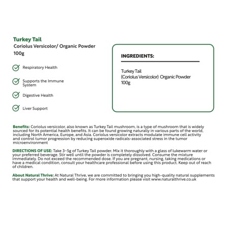 Natural Pure & Premium Turkey Tail Mushroom Powder 100g | £14.99 | Mushroom Supplements Natural Thrive Natural Thrive