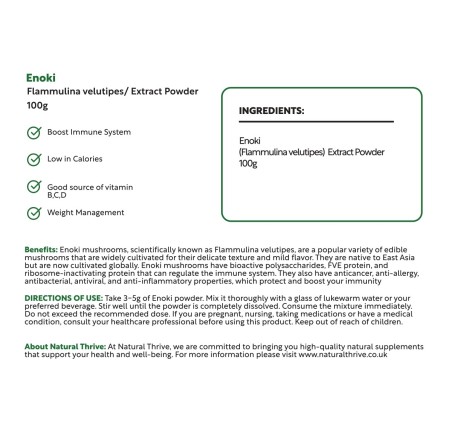 Organic Enoki Mushroom (Flammulina Velutipes) Extract Powder 100g | £14.99 | Mushroom Supplements Natural Thrive Natural Thrive