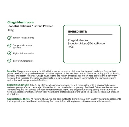 Organic Chaga Mushroom (Inonotus Obliquus) Extract Powder 100g | £11.99 | Mushroom Supplements Natural Thrive Natural Thrive