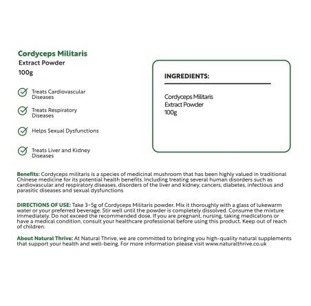 Organic Cordyceps Militaris Extract Powder 100g | £12.99 | Mushroom Supplements Natural Thrive Natural Thrive