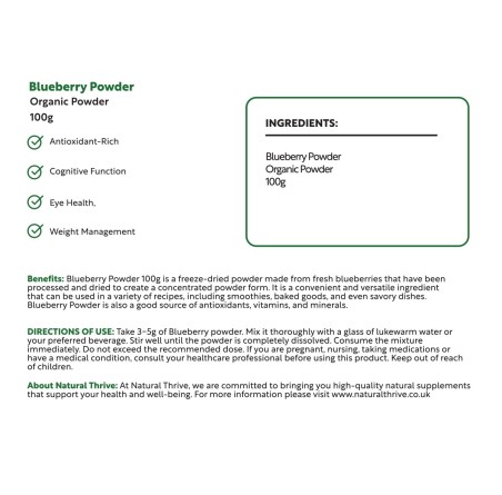 Natural Pure & Premium Blueberry (Vaccinium Corymbosum) Powder 100g | £8.99 | Organic Fruit Powders Natural Thrive Natural Thrive