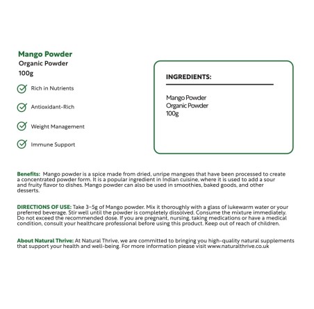 Natural Pure & Premium Mango (Mangifera Indica) Powder 100g | £8.99 | Organic Fruit Powders Natural Thrive Natural Thrive