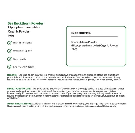 Natural Pure & Premium Sea Buckthorn (Hippophae Rhamnoides) Powder 100g | £8.99 | Organic Fruit Powders Natural Thrive Natural Thrive