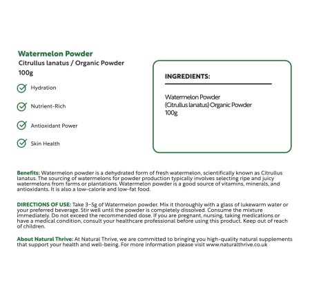 Natural Pure & Premium Watermelon Fruit Powder 100g | £8.99 | Organic Fruit Powders Natural Thrive Natural Thrive