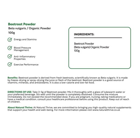 Natural Pure & Premium Beetroot (Beta Vulgaris Subsp) Powder 100g | £7.99 | Natural Powder Supplements Natural Thrive Natural Thrive