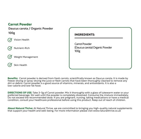 Natural Pure & Premium Carrot (Daucus Carota) Powder 100g | £8.99 | Natural Powder Supplements Natural Thrive Natural Thrive
