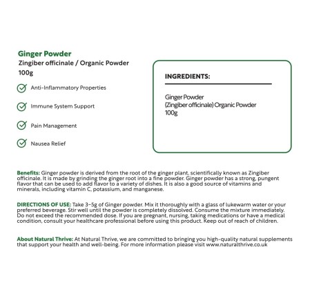 Natural Pure & Premium Ginger (Zingiber Officinale) Powder 100g | £5.99 | Natural Powder Supplements Natural Thrive Natural Thrive