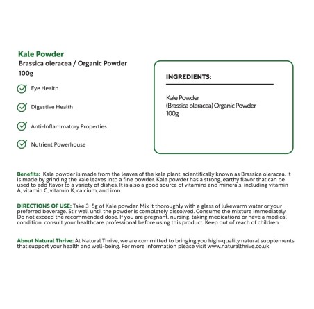 Natural Pure & Premium Kale (Brassica Oleracea Var. Acephala) Powder 100g | £6.99 | Natural Powder Supplements Natural Thrive Natural Thrive