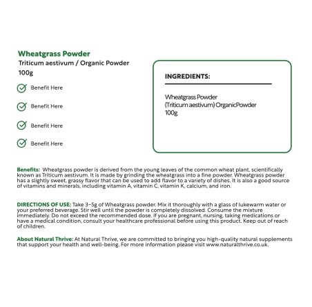 Natural Pure & Premium Wheatgrass (Triticum Aestivum) Powder 100g | £7.99 | Organic Supplements Natural Thrive Natural Thrive