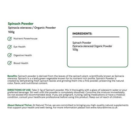 Natural Pure & Premium Spinach Powder 100g | £6.99 | Organic Fruit Powders Natural Thrive Natural Thrive