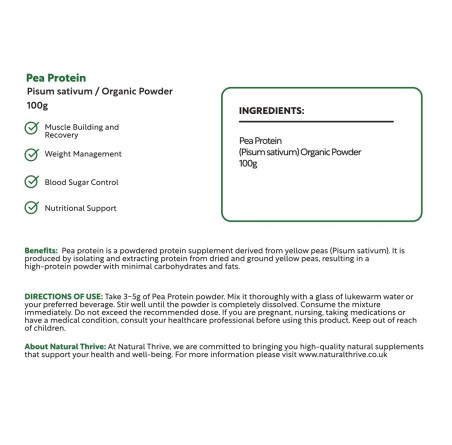 Natural Pure & Premium Pea Protein (Pisum Sativum Protein) Powder 100g | £6.49 | Natural Powder Supplements Natural Thrive Natural Thrive