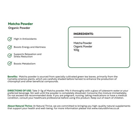 Natural Pure & Premium Matcha (Camellia Sinensis) Powder 100g | £7.99 | Natural Powder Supplements Natural Thrive Natural Thrive