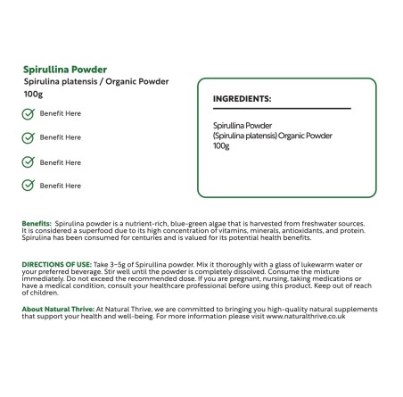 Natural Pure & Premium Spirulina Powder 100g | £7.99 | Natural Powder Supplements Natural Thrive Natural Thrive