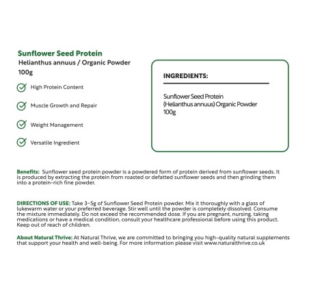 Natural Pure & Premium Sunflower Seed Protein Powder 100g | £6.99 | Natural Powder Supplements Natural Thrive Natural Thrive