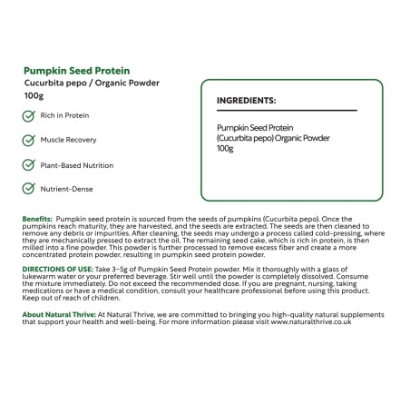 Natural Pure & Premium Pumpkin Seed Protein (Cucurbita Pepo) Powder 100g | £7.99 | Organic Fruit Powders Natural Thrive Natural Thrive