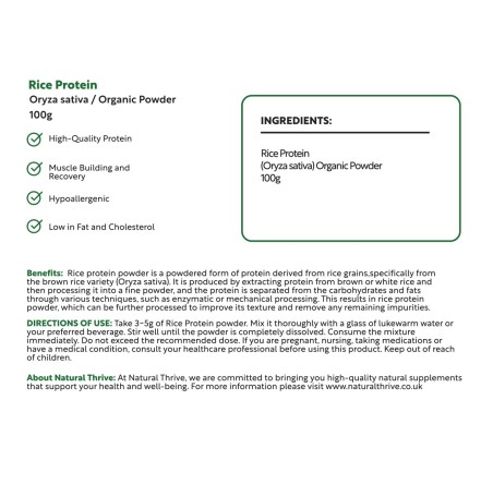 Natural Pure & Premium Rice Protein (Oryza Sativa) Powder 100g | £6.99 | Natural Powder Supplements Natural Thrive Natural Thrive