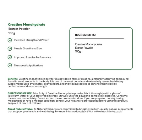 Natural Pure & Premium Creatine Monohydrate Extract Powder 100g | £10.99 | Natural Powder Supplements Natural Thrive Natural Thrive