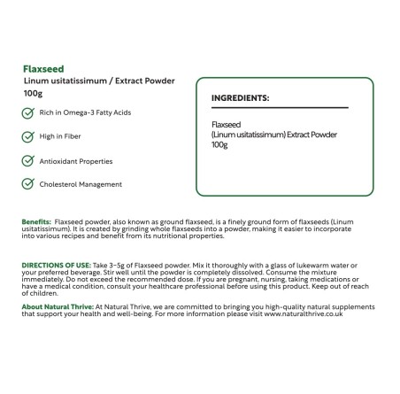 Natural Pure & Premium Flaxseed Extract Powder 100g | £13.99 | Natural Powder Supplements Natural Thrive Natural Thrive