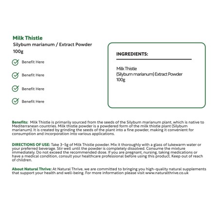 Natural Pure & Premium Milk Thistle (Silybum Marianum) Extract Powder 100g | £10.99 | Organic Supplements Natural Thrive Natural Thrive