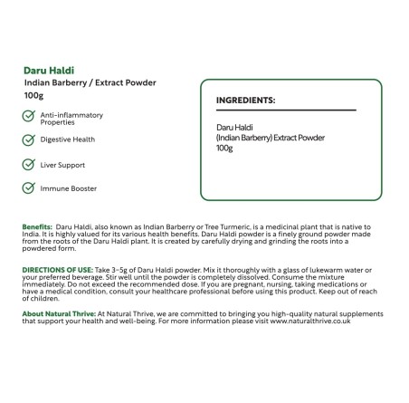 Natural Pure & Premium Daru Haldi (Berberis Aristata) Extract Powder 100g | £13.99 | Organic Supplements Natural Thrive Natural Thrive