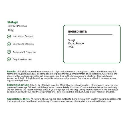 Natural Pure & Premium Shilajit (Fulvic Mineral) Extract Powder 100g | £19.99 | Organic Supplements Natural Thrive Natural Thrive