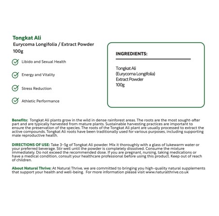 Natural Pure & Premium TongkatAli Root (Eurycoma Longifolia)100g | £14.99 | Natural Powder Supplements Natural Thrive Natural Thrive