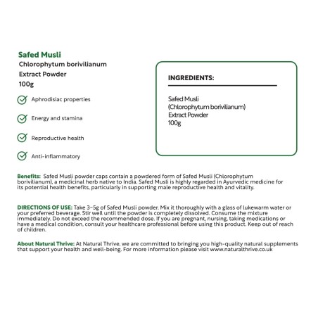 Natural Pure & Premium Safed Musli (Chlorophytum Borivilianum) Extract Powder 100g | £14.99 | Organic Supplements Natural Thrive Natural Thrive