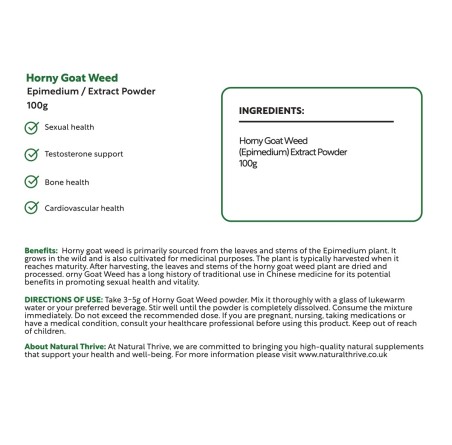 Natural Pure & Premium Horney Goat Weed 100g | £17.99 | Natural Powder Supplements Natural Thrive Natural Thrive