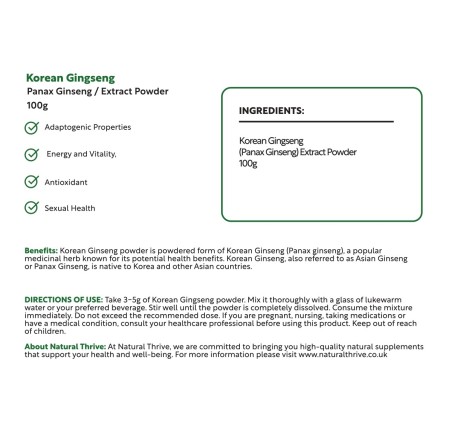 Natural Pure & Premium Korean Gingseng (Panax Ginseng) Extract Powder 100g | £18.99 | Natural Powder Supplements Natural Thrive Natural Thrive