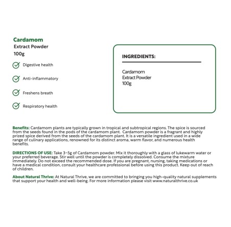 Natural Pure & Premium Cardamom Extract Powder 100g | £12.99 | Natural Powder Supplements Natural Thrive Natural Thrive