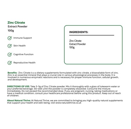 Natural Pure & Premium Zinc Citrate Extract Powder 100g | £13.99 | Natural Powder Supplements Natural Thrive Natural Thrive