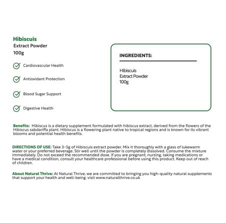 Natural Pure & Premium Hibiscuis Extract Powder 100g | £17.99 | Natural Powder Supplements Natural Thrive Natural Thrive