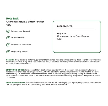 Natural Pure & Premium Holy Basil (Ocimum Sanctum) Extract Powder 100g | £16.99 | Natural Powder Supplements Natural Thrive Natural Thrive