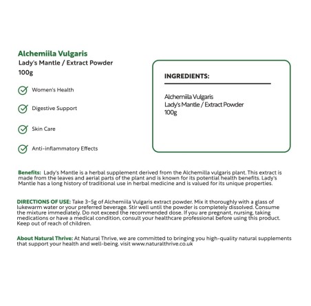 Natural Pure & Premium Alchemiila Vulgaris (Lady's Mantle) Extract  Powder 100g | £19.99 | Organic Supplements Natural Thrive Natural Thrive