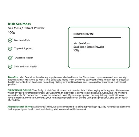 Natural Pure & Premium Irish Sea Moss (Chondrus Crispus) Extract Powder 100g | £15.99 | Natural Powder Supplements Natural Thrive Natural Thrive