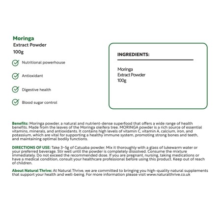 Natural Pure & Premium Moringa (Horseradish Tree) Extract Powder 100g | £12.99 | Natural Powder Supplements Natural Thrive Natural Thrive