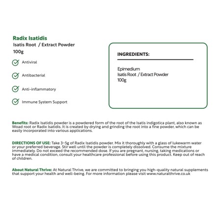 Natural Pure & Premium Radix Isatidis (Isatis Tinctoria) Extract Powder 100g | £11.99 | Natural Powder Supplements Natural Thrive Natural Thrive