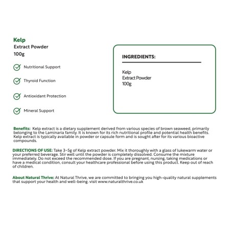 Natural Pure & Premium Kelp (Macrocystis Pyrifera) Extract Powder 100g | £14.99 | Natural Powder Supplements Natural Thrive Natural Thrive