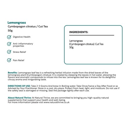 Natural Pure & Premium Lemongrass (Cymbopogon Citratus) Cut Tea 50g | £4.99 | Loose Leaf Tea Natural Thrive Natural Thrive