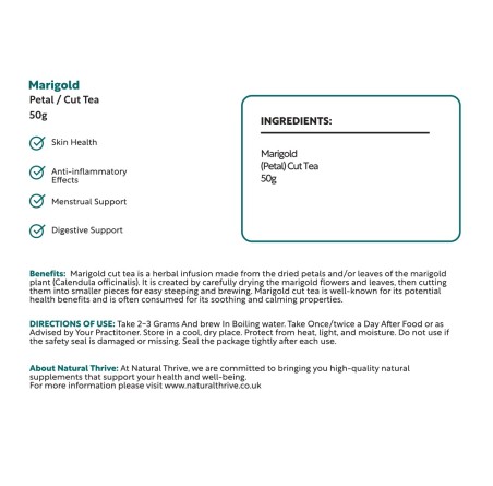 Natural Pure & Premium Marigold Petal (Tagetes Erecta) Cut Tea 50g | £4.99 | Loose Leaf Tea Natural Thrive Natural Thrive