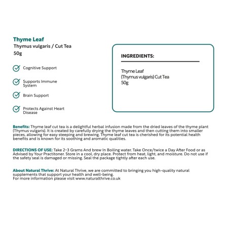 Natural Pure & Premium Thyme Leaf (Thymus Vulgaris) Cut Tea 50g | £5.49 | Loose Leaf Tea Natural Thrive Natural Thrive