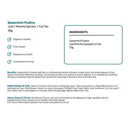 Natural Pure & Premium Spearmint Pudina (Mentha Spicata) Cut Tea 50g | £4.99 | Loose Leaf Tea Natural Thrive Natural Thrive