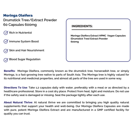 Natural Pure & Premium Moringa Oleifera (Drumstick Tree) Extract Powder Capsules 600mg | £6.99 | Natural Powder Supplements Natural Thrive Natural Thrive